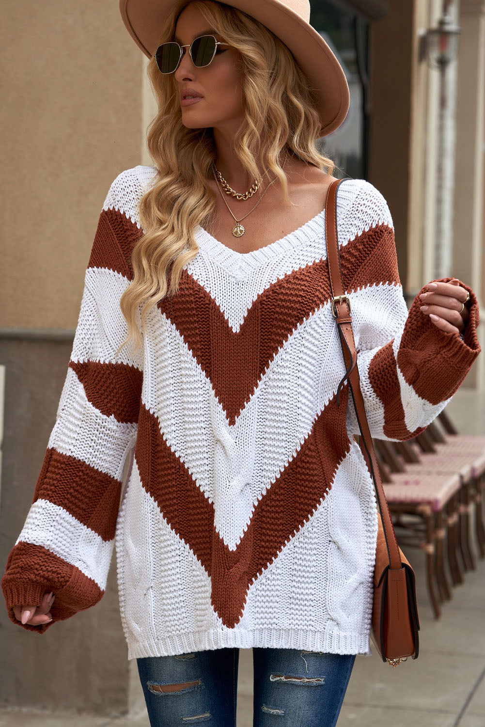 Woodcliff Chevron Cable-Knit Tunic Sweater